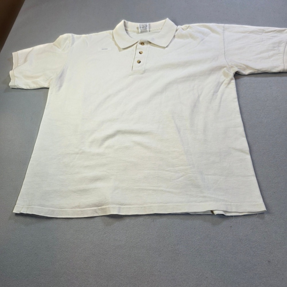 Vintage Anvil Cotton Deluxe Polo Shirt Cream Distressed Made in USA Mens Medium